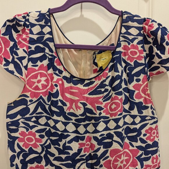 Anthropologie Maeve Peralta pink and blue bird patterned midi Dress Sz 12p - Picture 2 of 6